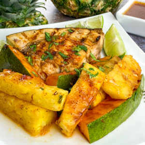 Garlic-Chili Swordfish with Grilled Pineapple and Papaya