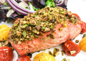 Pistachio Crusted Salmon with Blistered Cherry Tomatoes