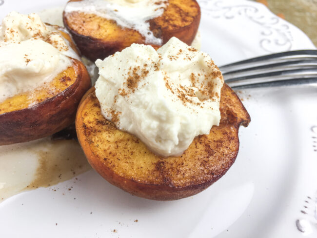 5-Ingredient Baked Balsamic Peaches with Fresh Maple Whipped Cream | Monthly Kitchen-Tested Recipes