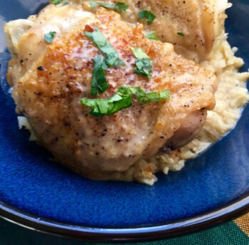 Pickle Braised Chicken Thighs with Cauliflower Rice | Living Low Carb Recipes