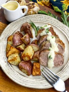 Air Fryer Pork Tenderloin and Red Potatoes with Creamy Roasted Garlic Sauce February Monthly Kitchen-Tested Favourite Recipe